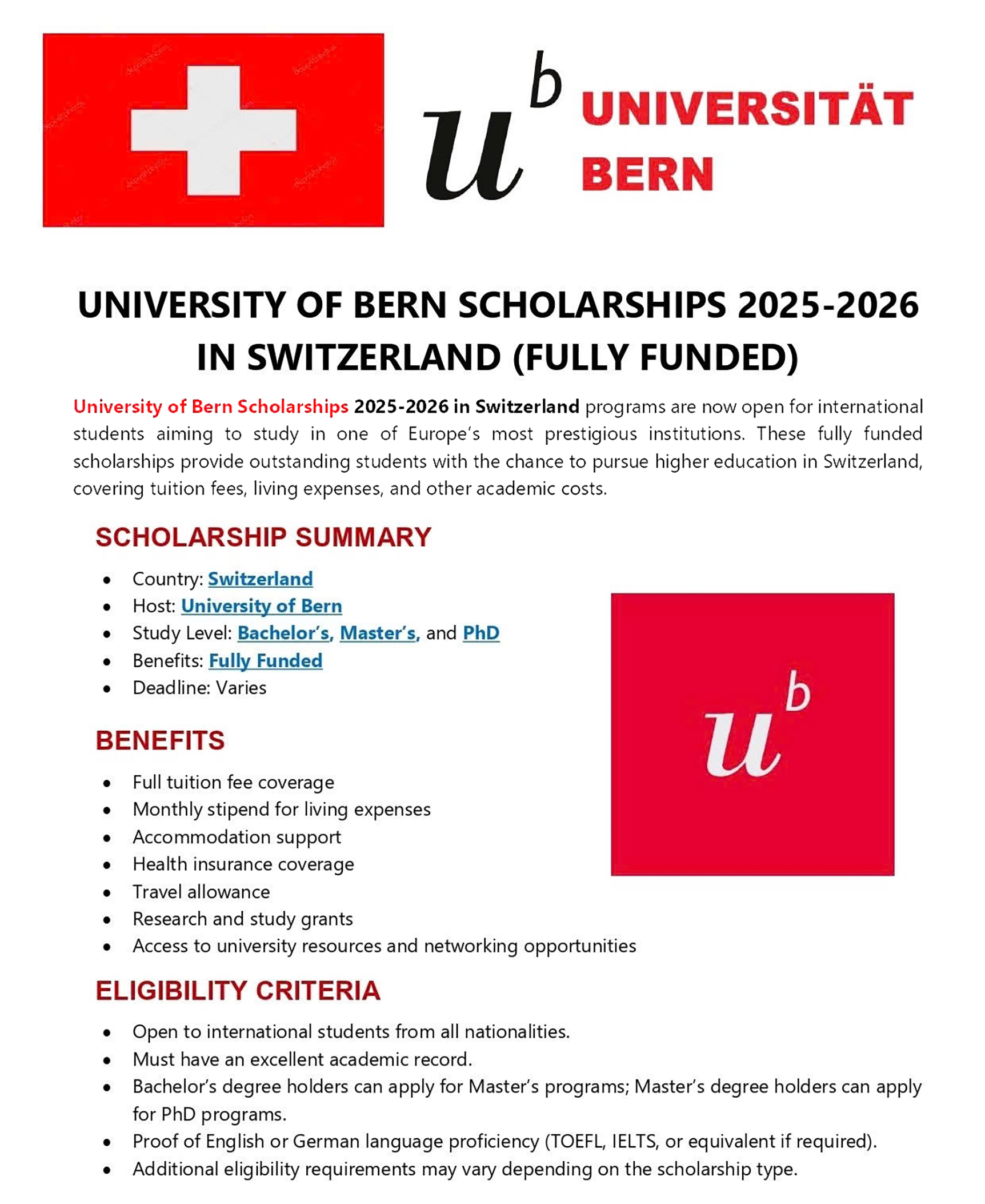 Hướng Dẫn Chi Tiết Về Học Bổng University of Bern 2025-2026 Tại Thụy Sĩ