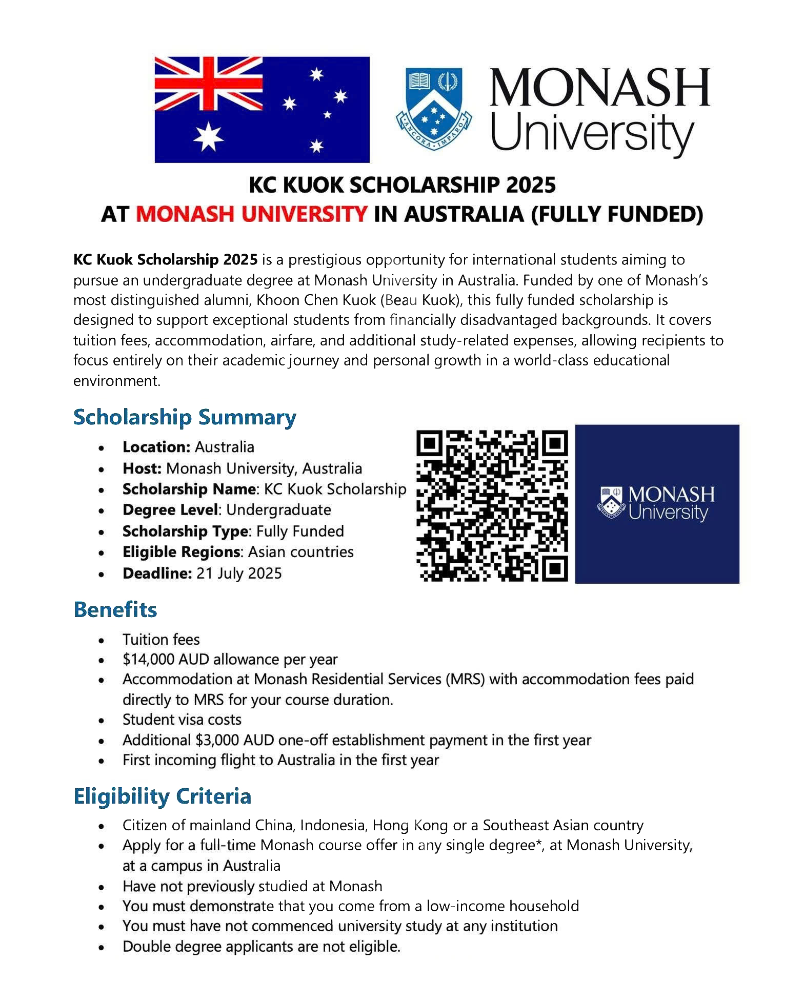 Học bổng K.C. Kuok tại Monash University, Úc – Cơ hội học tập toàn phần