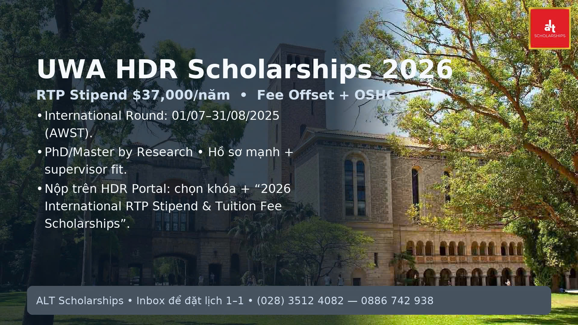 UWA HDR Scholarships – Toàn tập: RTP Stipend $37,000/năm, Fee Offset, OSHC, mốc thời gian & cách nộp