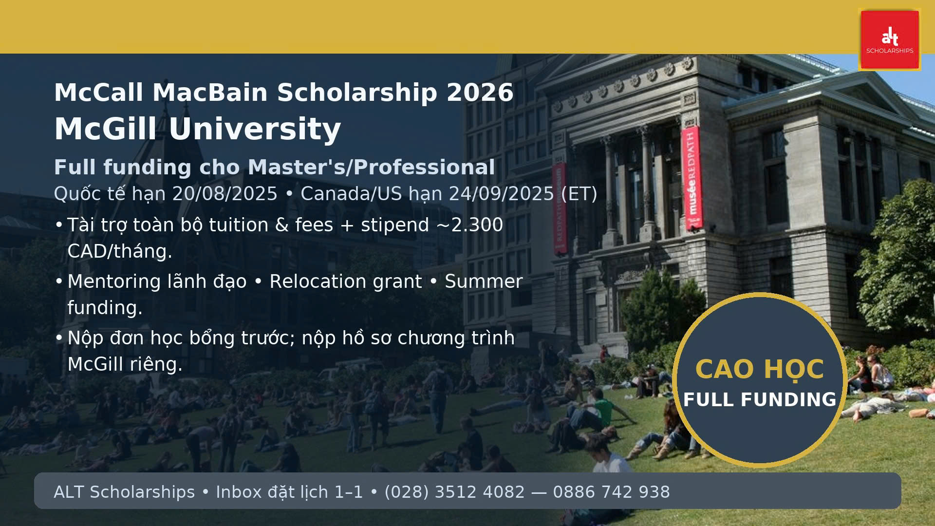McCall MacBain Scholarship 2026 tại McGill – Hướng dẫn đầy đủ cho phụ huynh & học sinh Việt Nam