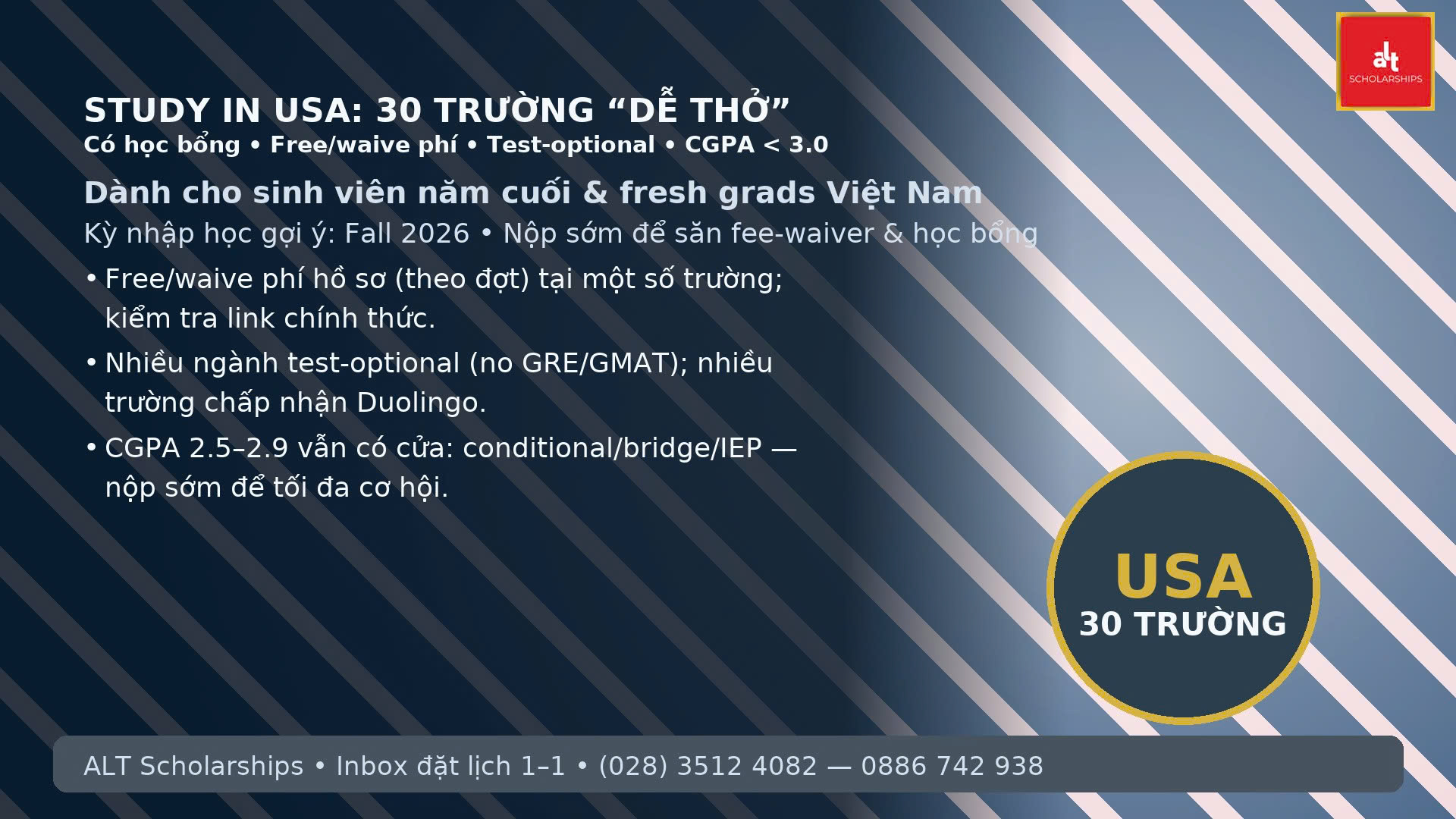 Du Học Mỹ: 30 Trường “Dễ Thở” Cho Du Học Sinh Việt – Có Học Bổng, Miễn Phí Hồ Sơ, Test-Optional, Chấp Nhận CGPA < 3.0