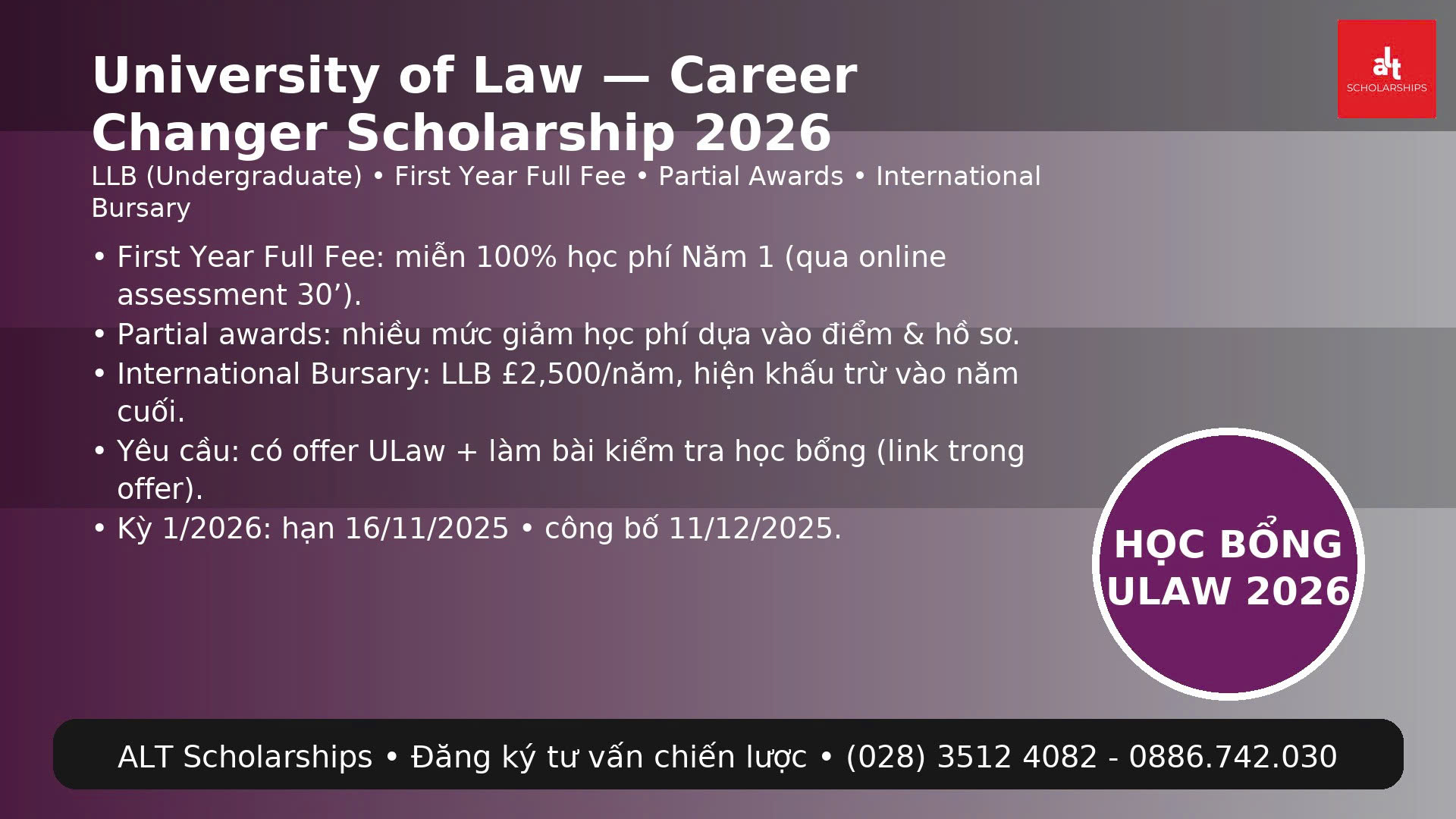 Học Bổng Cử Nhân Luật (LLB) Career Changer Scholarship – University of Law (UK)