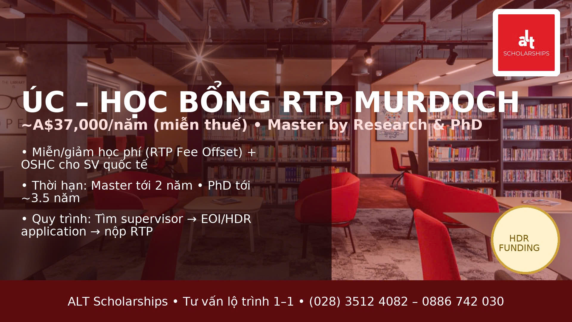 HỌC BỔNG NGHIÊN CỨU CỦA MURDOCH UNIVERSITY (ÚC) — STIPEND ~A$37,000/NĂM + HỖ TRỢ HỌC PHÍ/OSHC