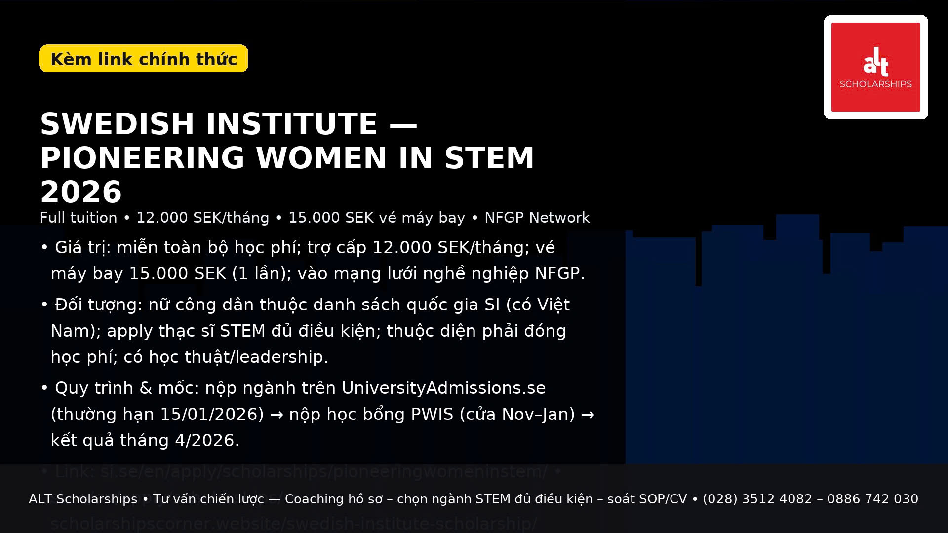 Học Bổng Thụy Điển Toàn Phần 2026 – Pioneering Women in STEM (PWIS)
