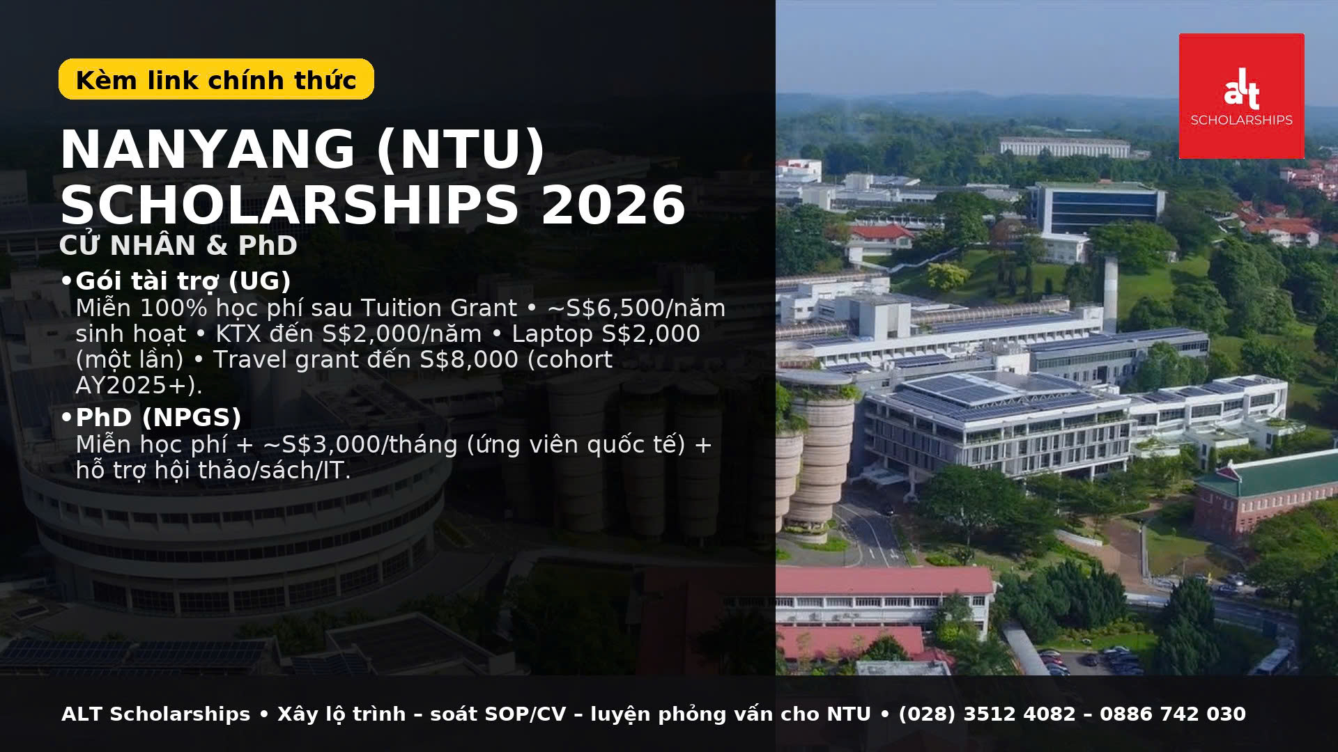 Nanyang International Scholarships 2026 (NTU Singapore) — Hệ học bổng “xương sống” cho Cử nhân & Tiến sĩ
