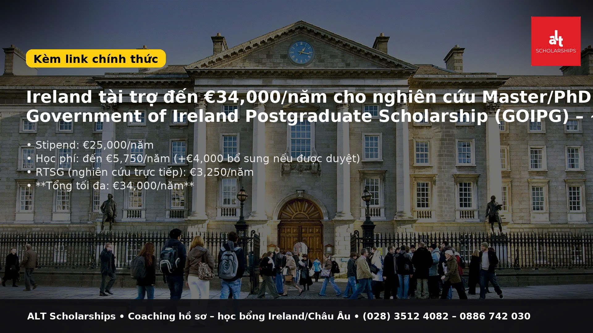 Học Bổng Ireland Toàn Phần Dành Cho Bậc Thạc Sĩ (GOIPG) 2026