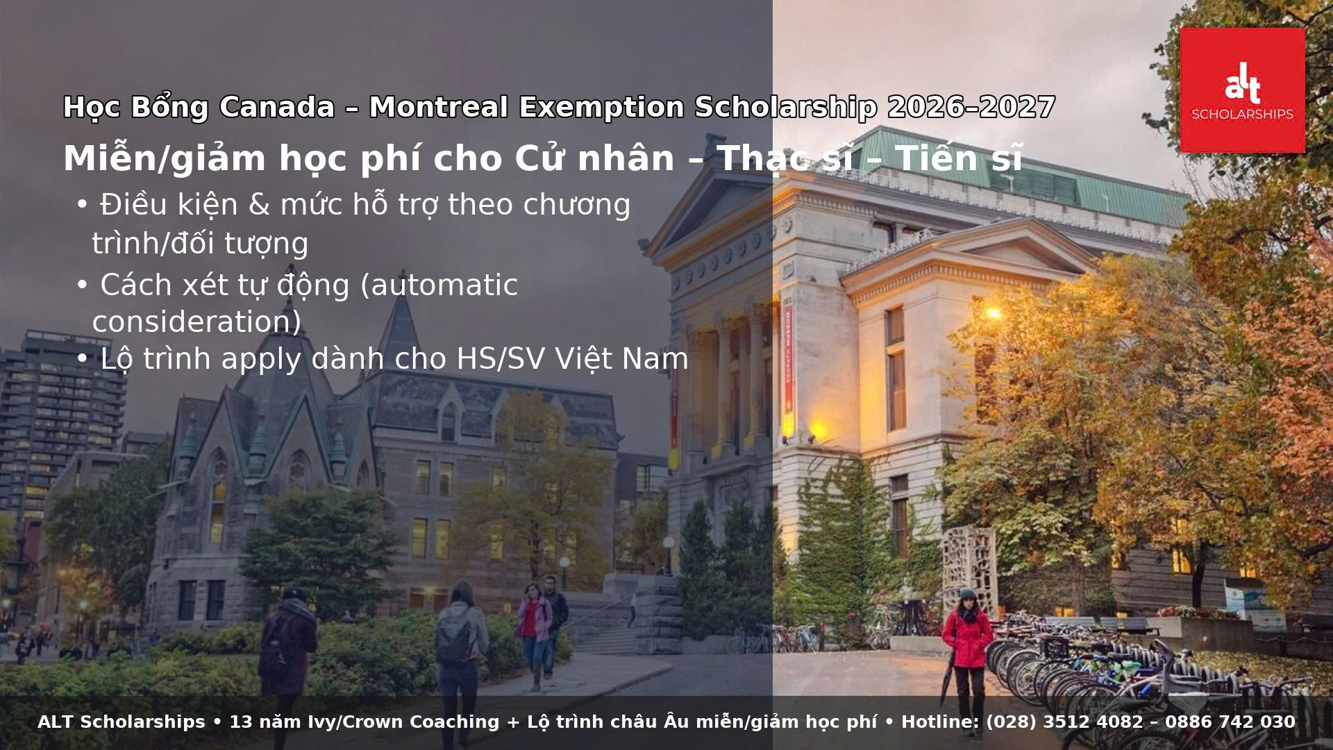 Học Bổng Canada – Montreal Exemption Scholarship 2026–2027: Miễn/giảm học phí cho Cử nhân – Thạc sĩ – Tiến sĩ; điều kiện, mức hỗ trợ, cách xét tự động & lộ trình apply