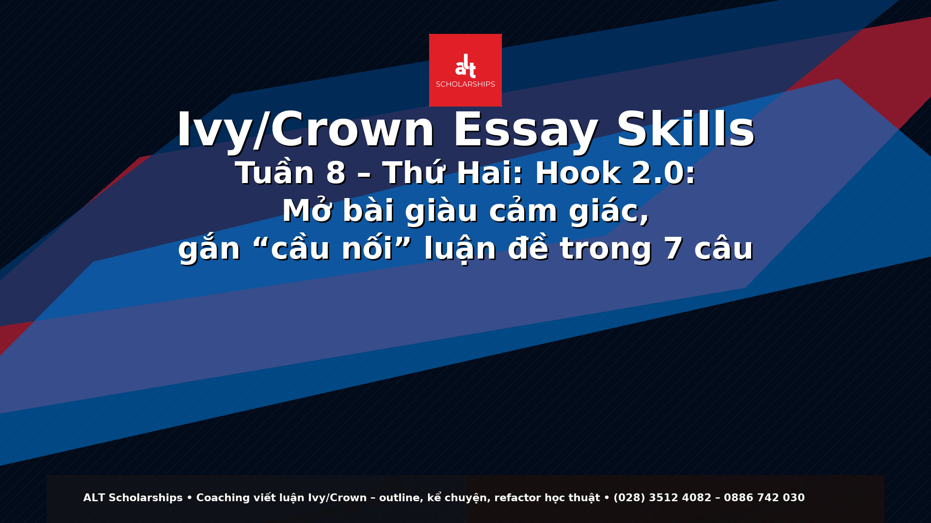 Ivy/Crown Essay Skills Tuần 8 – Thứ Hai: Hook 2.0: Mở bài giàu cảm giác, gắn “cầu nối” luận đề trong 7 câu (case study + khung luyện 45’)