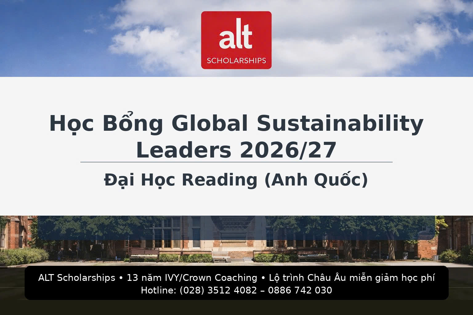 Học Bổng Global Sustainability Leaders 2026/27 Đại Học Reading (Anh Quốc): £6,000/năm × tối đa 4 năm cho chi phí sinh hoạt