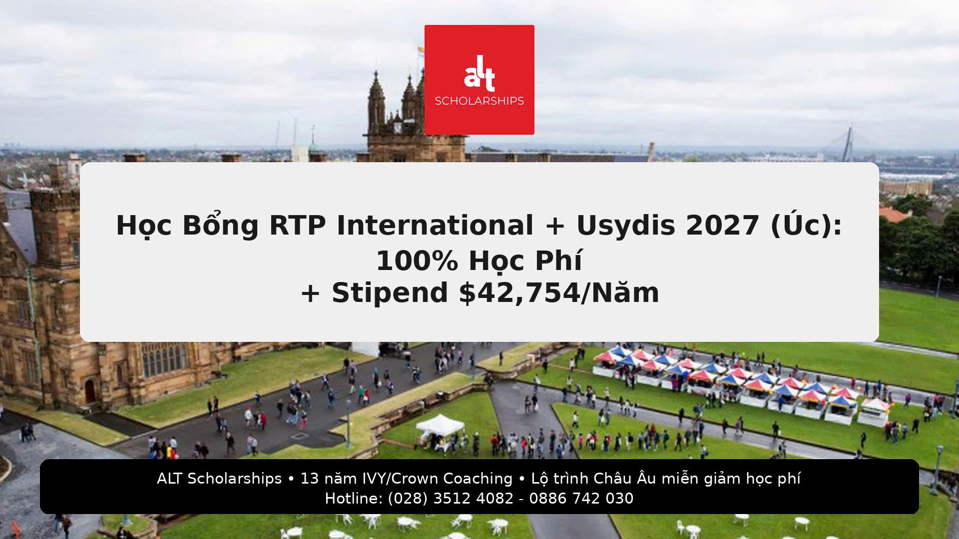 Học Bổng RTP International + Usydis 2027 (University Of Sydney, Úc): 100% Học Phí + Stipend $42,754/Năm + OSHC — Hạn Nộp 11/09/2026 (Research Period 1–2, 2027)