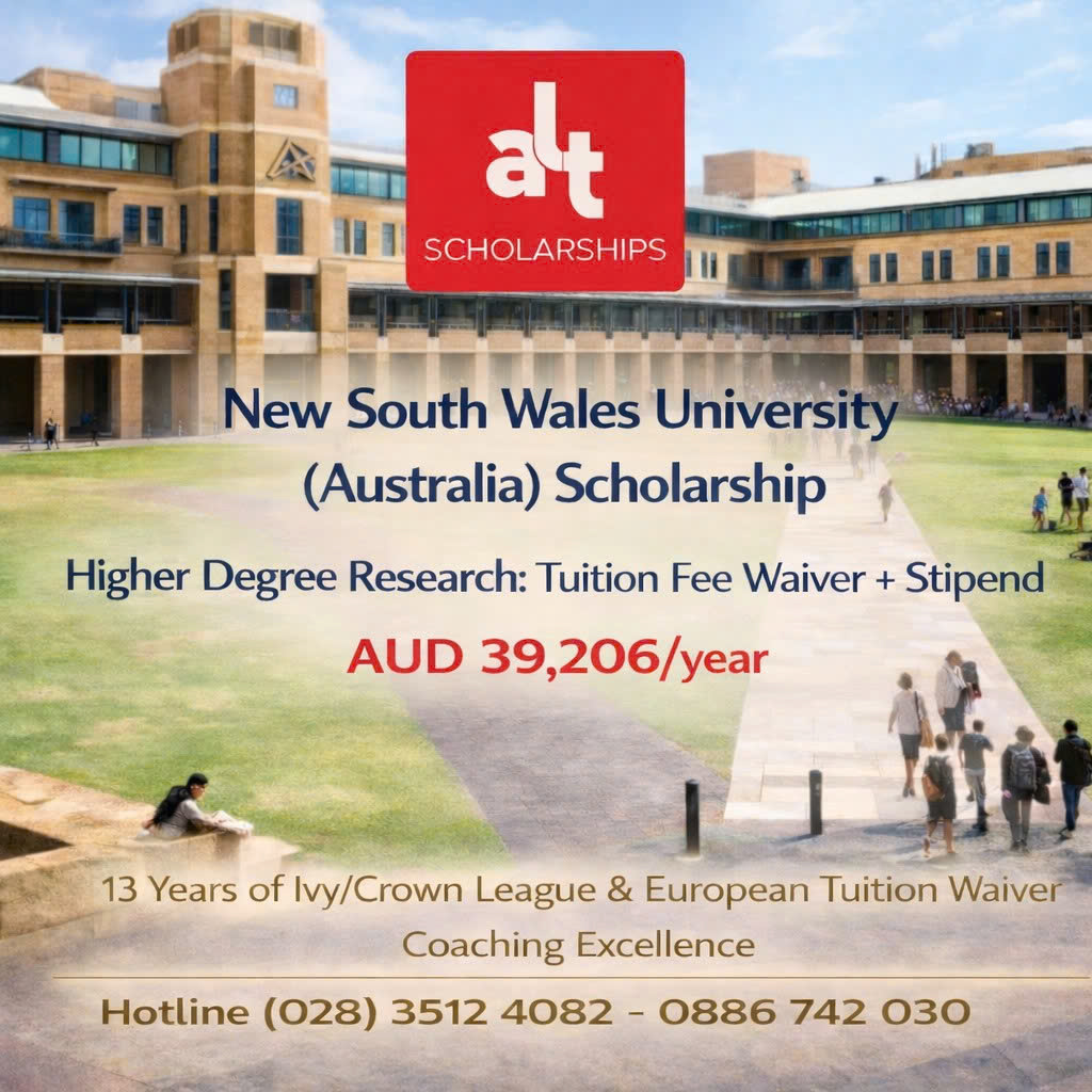 Học Bổng Đại Học New South Wales (Úc) Higher Degree Research: Học Phí + Stipend ~ AUD 39,206/năm (2026 rate) — Deadline 17/04/2026