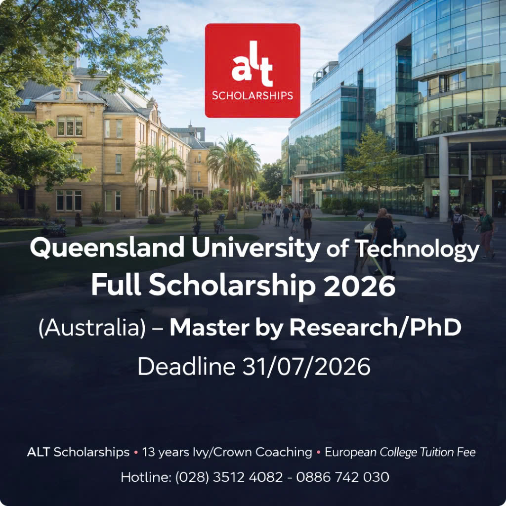 QUT RTP Stipend Scholarship 2026 (Australia) – Master by Research/PhD: Stipend A$37,010/năm + miễn 100% học phí + hỗ trợ relocation + thesis allowance —31/07/2026