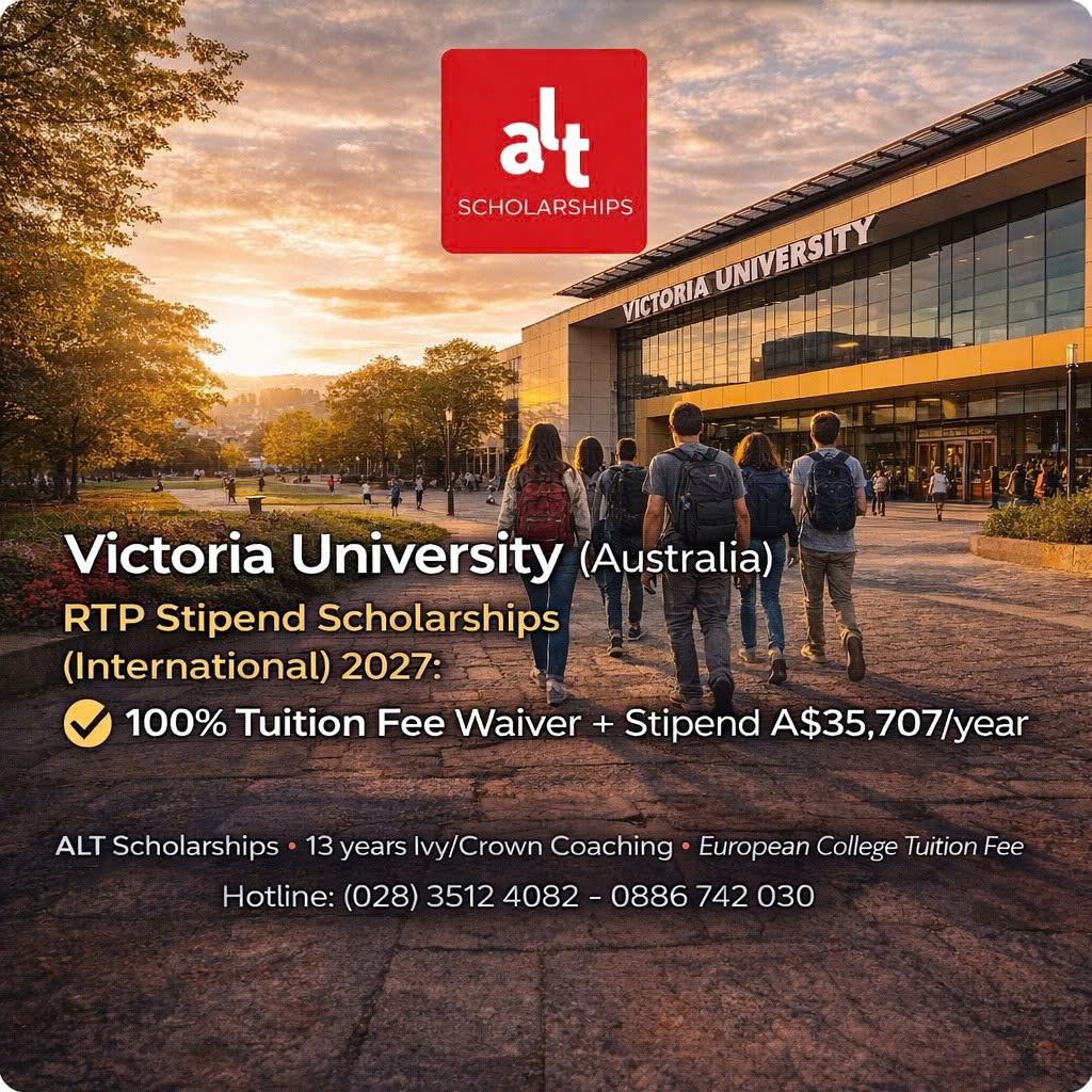 Victoria University (Úc) — RTP Stipend Scholarships (International) 2027: miễn 100% học phí (RTP Fee Offset) + stipend A$35,707/năm + OSHC — Mở 27/07/2026, đóng 13/09/2026 11:59pm (AEST)