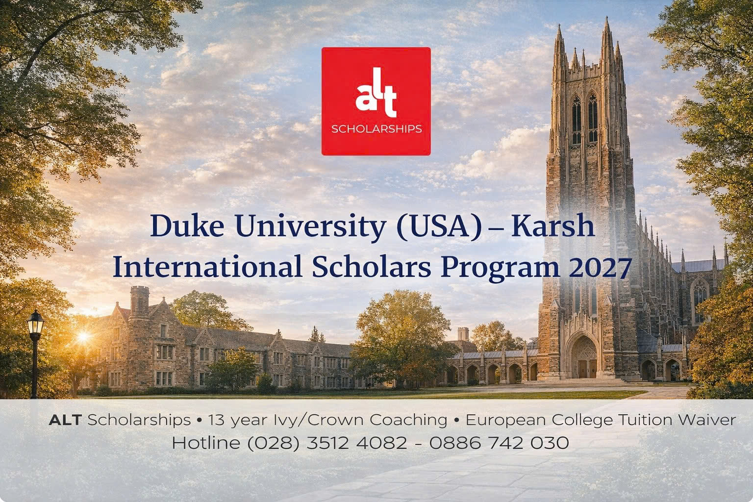 Duke University (USA) – Karsh International Scholars Program 2027: Học Phí + Phí Bắt Buộc + Ăn Ở + Summer Funding Cho SV Quốc Tế — Hạn 03/11/2026 (ED) / 05/01/2027 (RD)