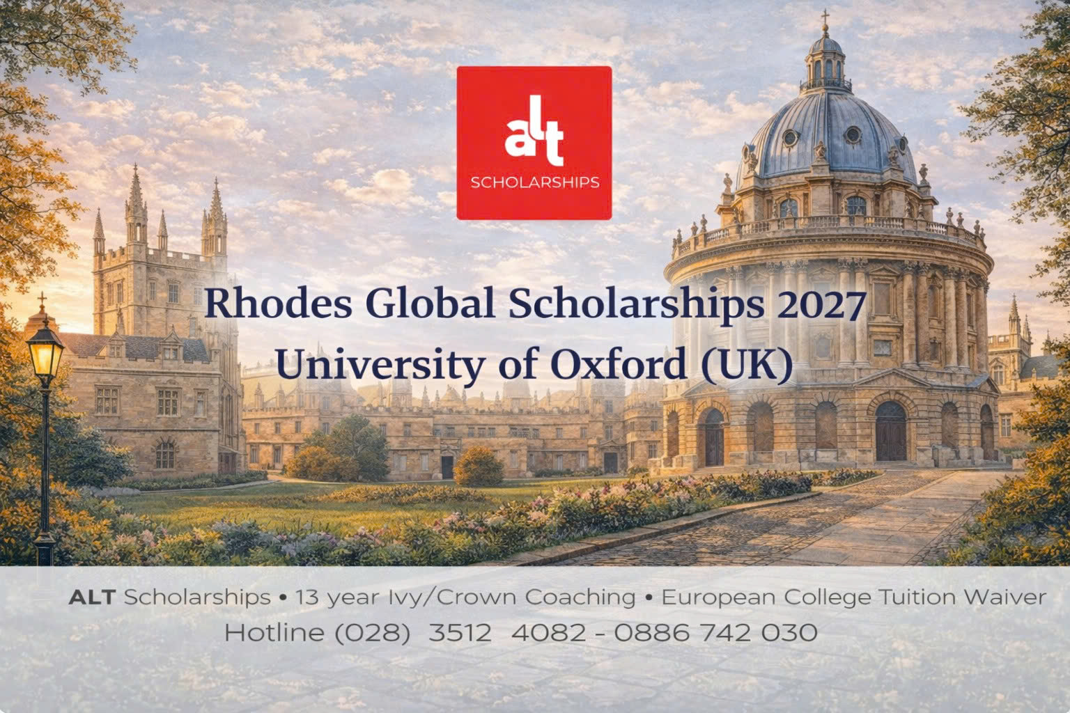 Rhodes Global Scholarships 2027 (University of Oxford, UK): Học bổng toàn phần (học phí + stipend + visa/IHS + 2 vé máy bay) — Deadline 23/07/2026 23:59 GMT (≈ 06:59 sáng 24/07/2026 giờ VN)