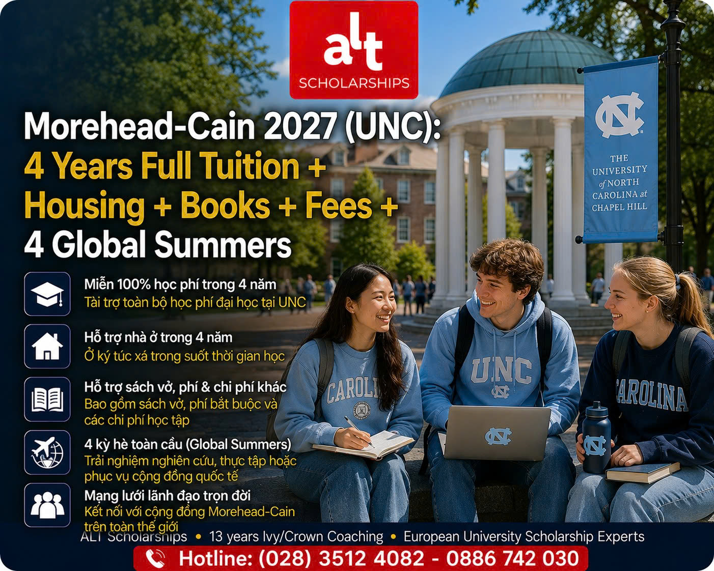 Morehead-Cain Scholarship 2027 Tại UNC Chapel Hill: Học Bổng Cử Nhân 4 Năm Cover Tuition, Housing, Books, Fees + 4 Mùa Hè Trải Nghiệm Quốc Tế