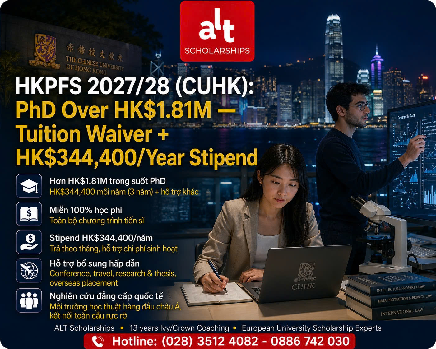 HKPFS 2027/28 Tại CUHK: Học Bổng Phd Hơn HK$1,81 Triệu Gồm Tuition Waiver + Stipend HK$344,400/Năm
