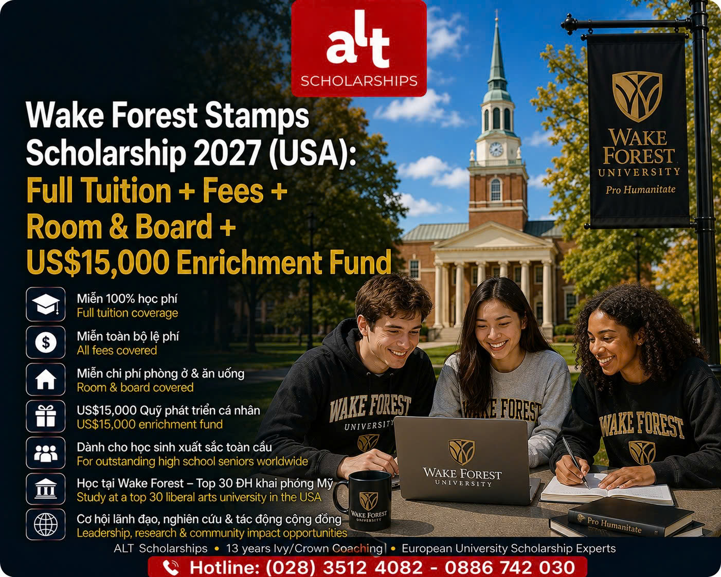 Wake Forest Stamps Scholarship 2027: Học Bổng Cử Nhân Mỹ Full Tuition + Fees + Room & Board + US$15,000 Enrichment Fund