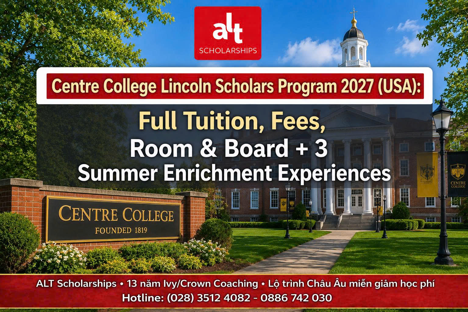 Centre College Lincoln Scholars Program 2027: Học Bổng Cử Nhân Mỹ Full Tuition, Fees, Room & Board + 3 Summer Enrichment Experiences