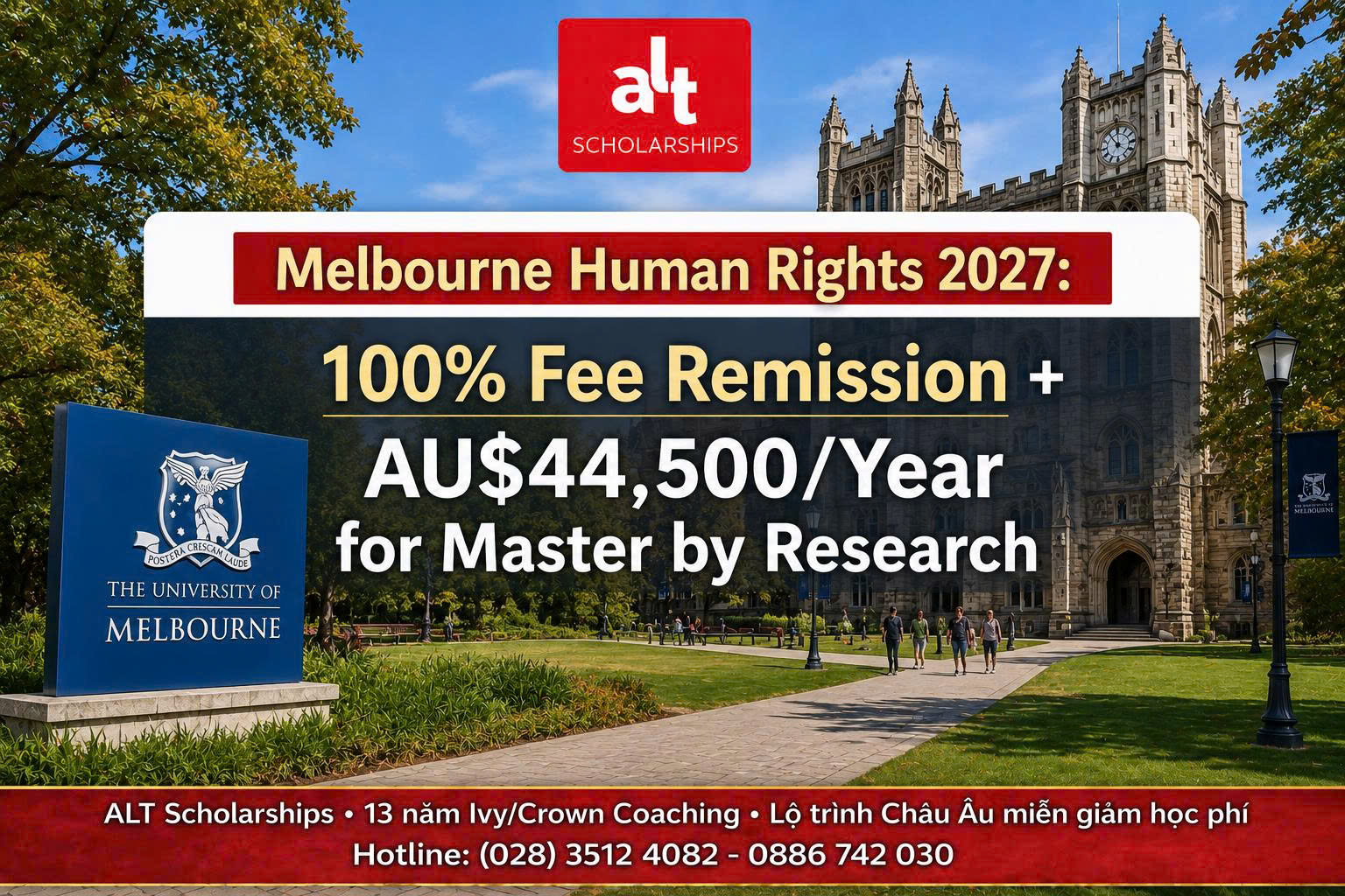 University Of Melbourne Human Rights Scholarship 2027: Học Bổng Master By Research Úc 100% Fee Remission + AU$44,500/Năm