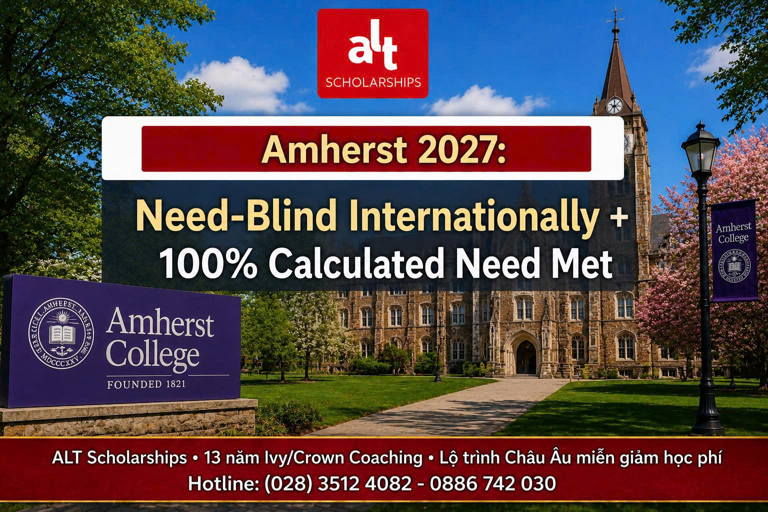 Amherst College Financial Aid 2027: Học Bổng Cử Nhân Mỹ Need-Blind Cho Quốc Tế + Đáp Ứng 100% Calculated Need