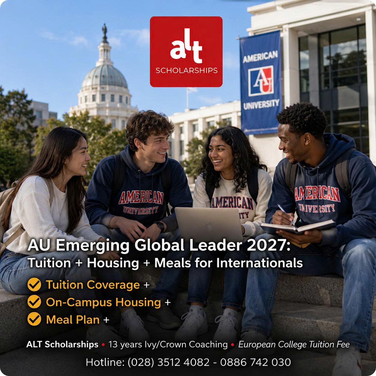 American University Emerging Global Leader Scholarship 2027: Học bổng Cử nhân Mỹ bao học phí, nhà ở và ăn uống cho sinh viên quốc tế