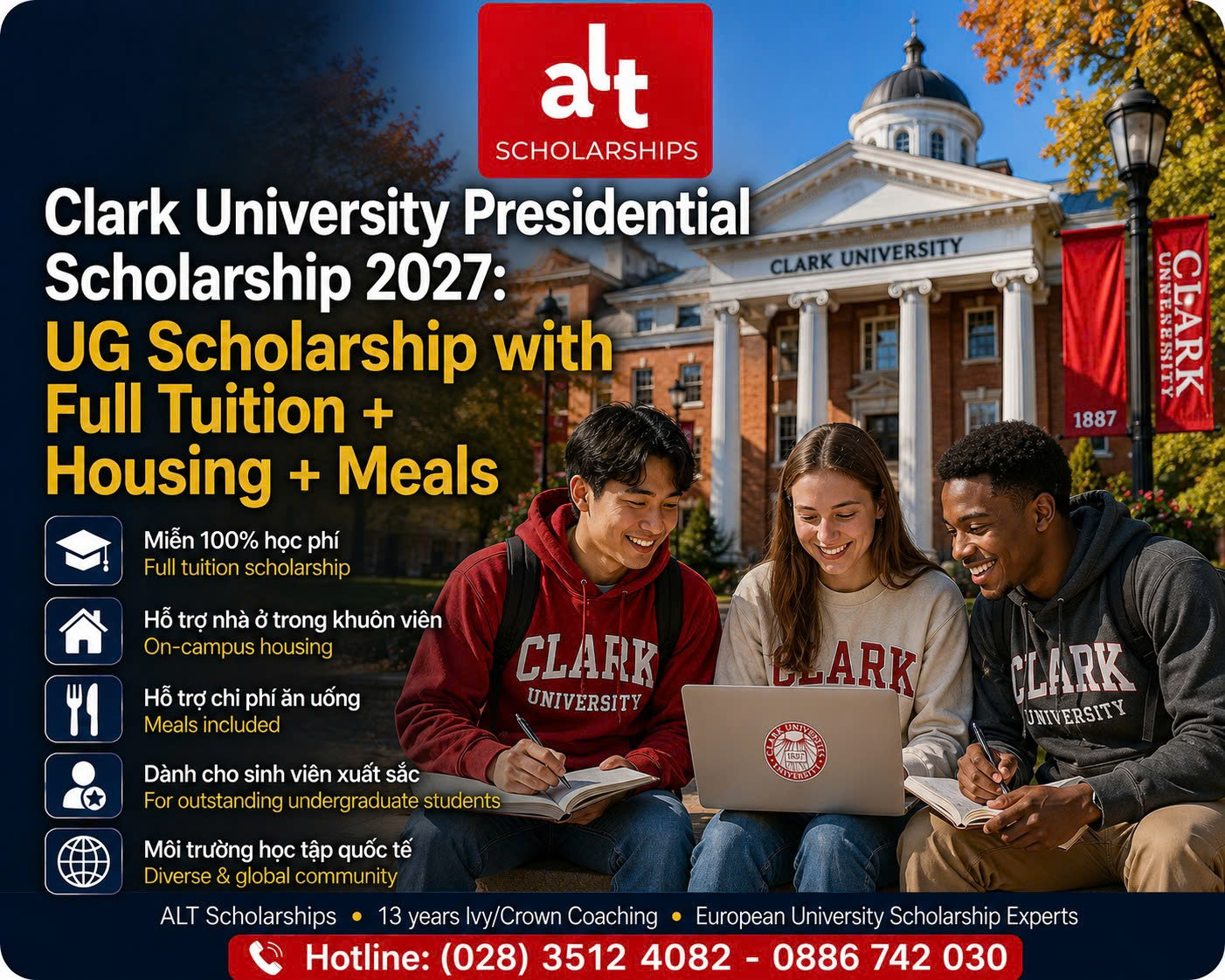 Clark University Presidential Scholarship 2027: Học Bổng Cử Nhân Full Tuition + Housing + Meals Trong 4 Năm Tại Mỹ