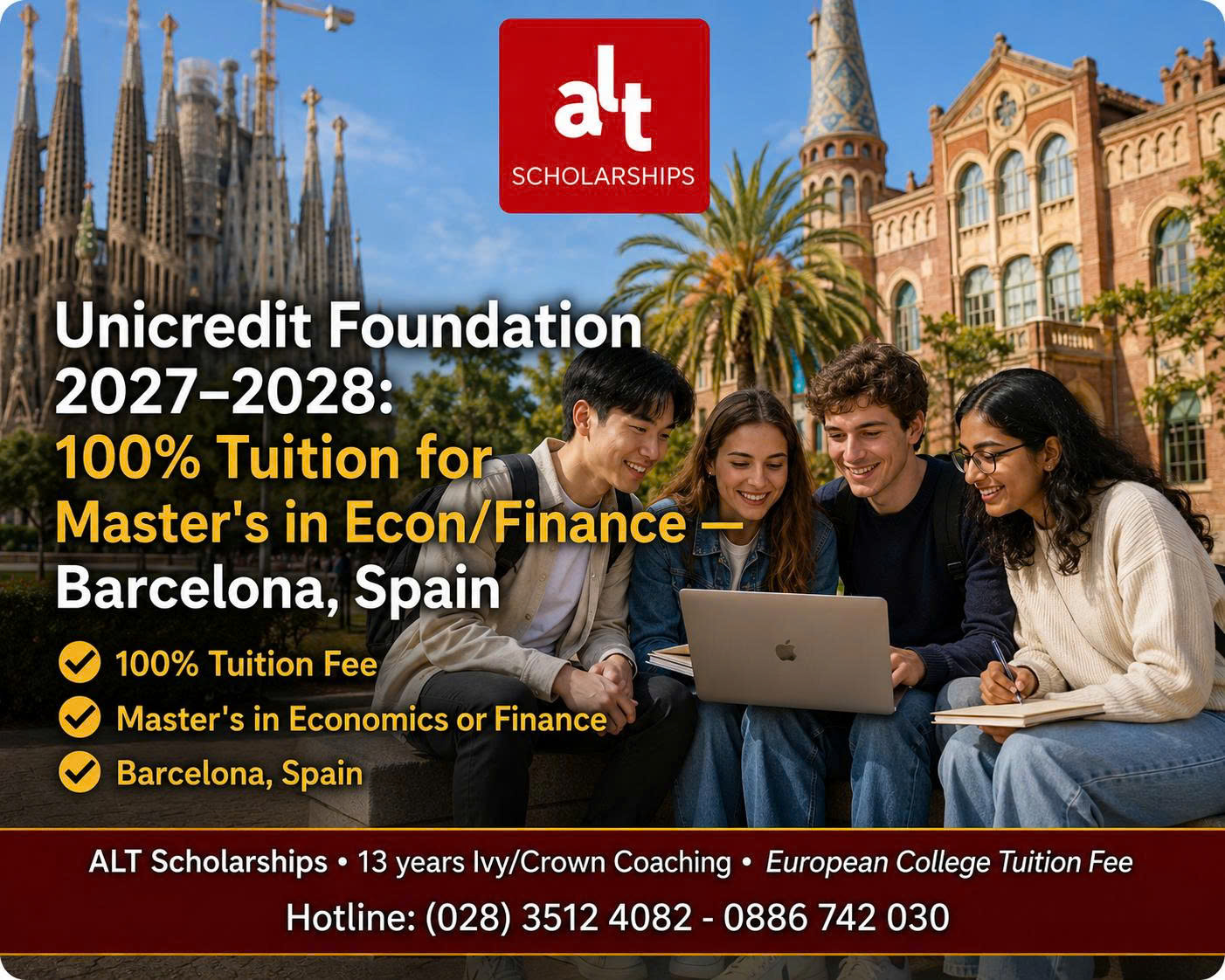 Unicredit Foundation Masterscholarship 2027–2028: Học Bổng 100% Học Phí Thạc Sĩ Kinh Tế – Tài Chính Tại Barcelona, Tây Ban Nha
