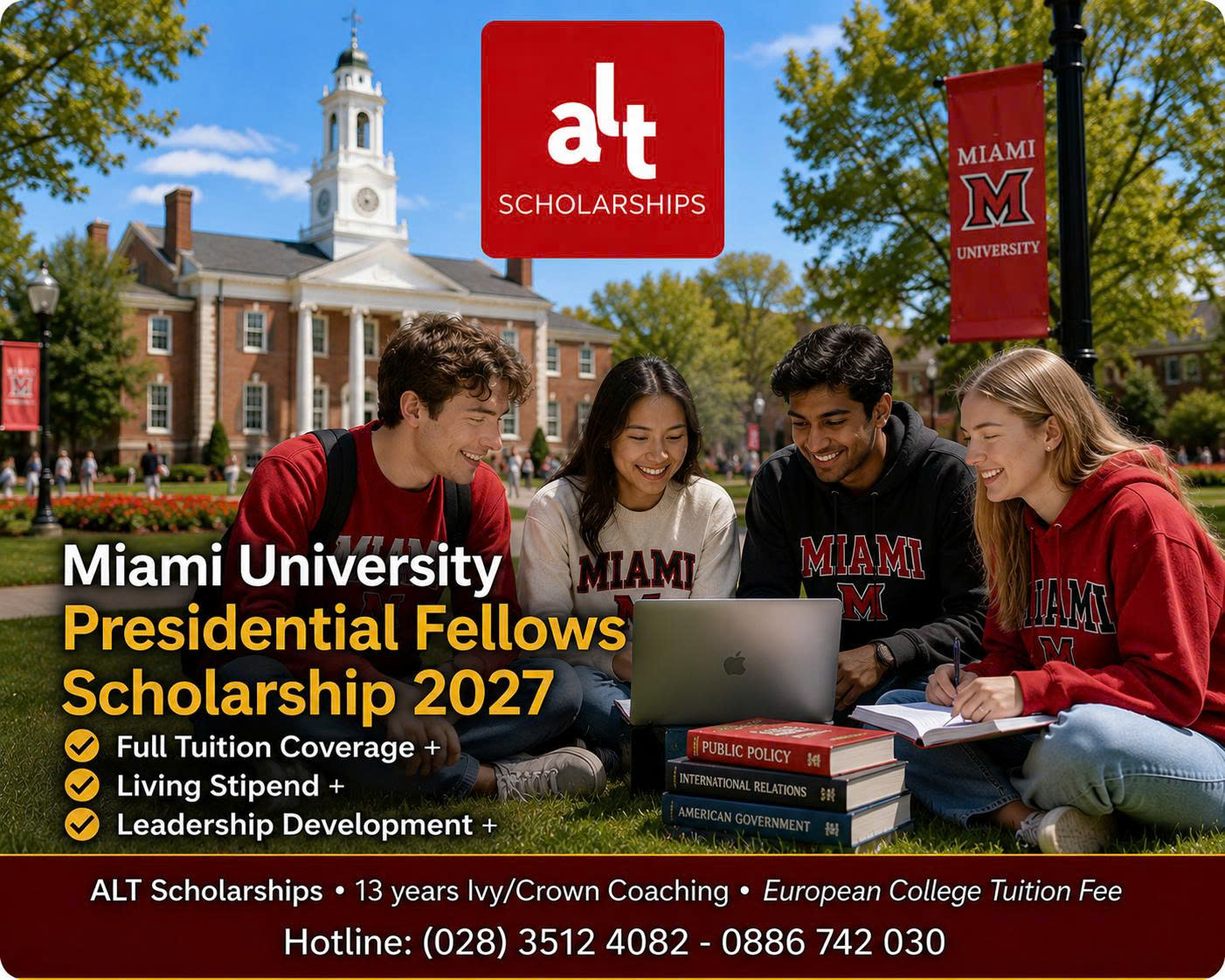 Miami University Presidential Fellows Scholarship 2027: Học Bổng Cử Nhân Mỹ Bao Học Phí, Nhà Ở, Ăn Uống Và Quỹ 5.000 USD