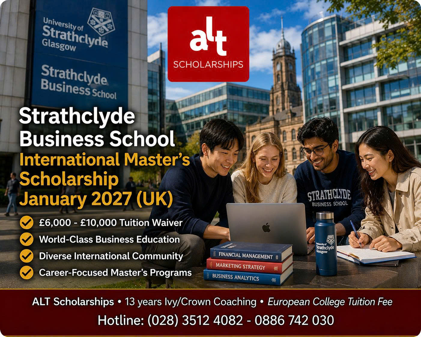 Strathclyde Business School International Master’s Scholarship January 2027: Giảm £7.000–£9.000 Học Phí Msc Tại Glasgow, Không Cần Đơn Học Bổng Riêng
