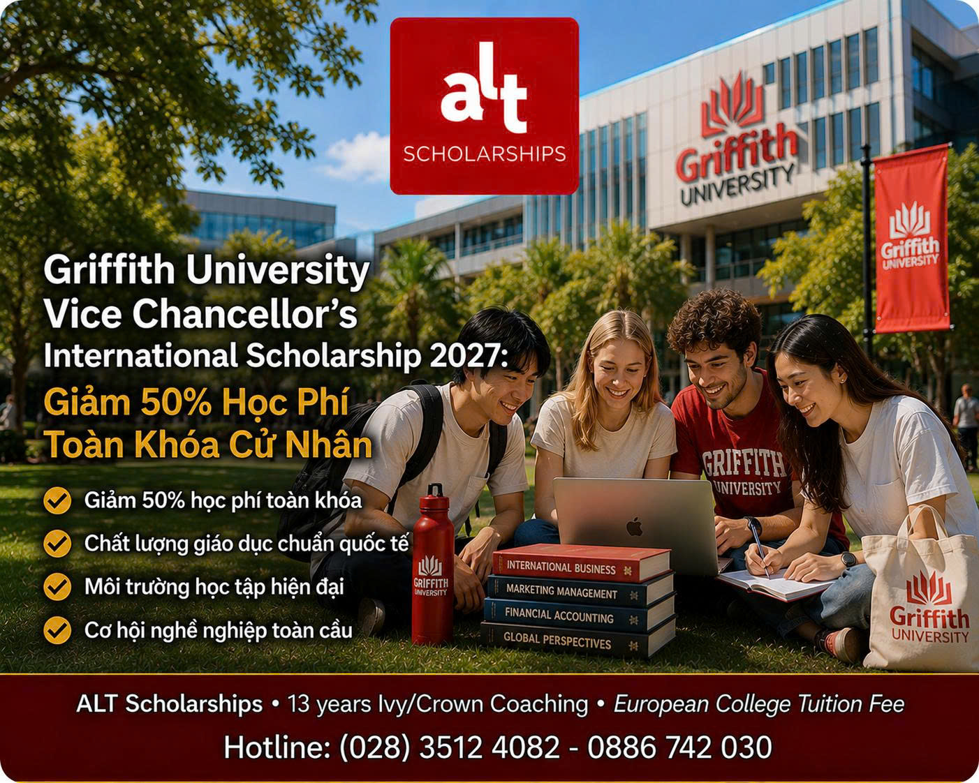 Griffith University Vice Chancellor’s International Scholarship 2027: Giảm 50% Học Phí Toàn Khóa Cử Nhân — Phải Giữ GPA 5.5/7.0 Để Không Mất Học Bổng