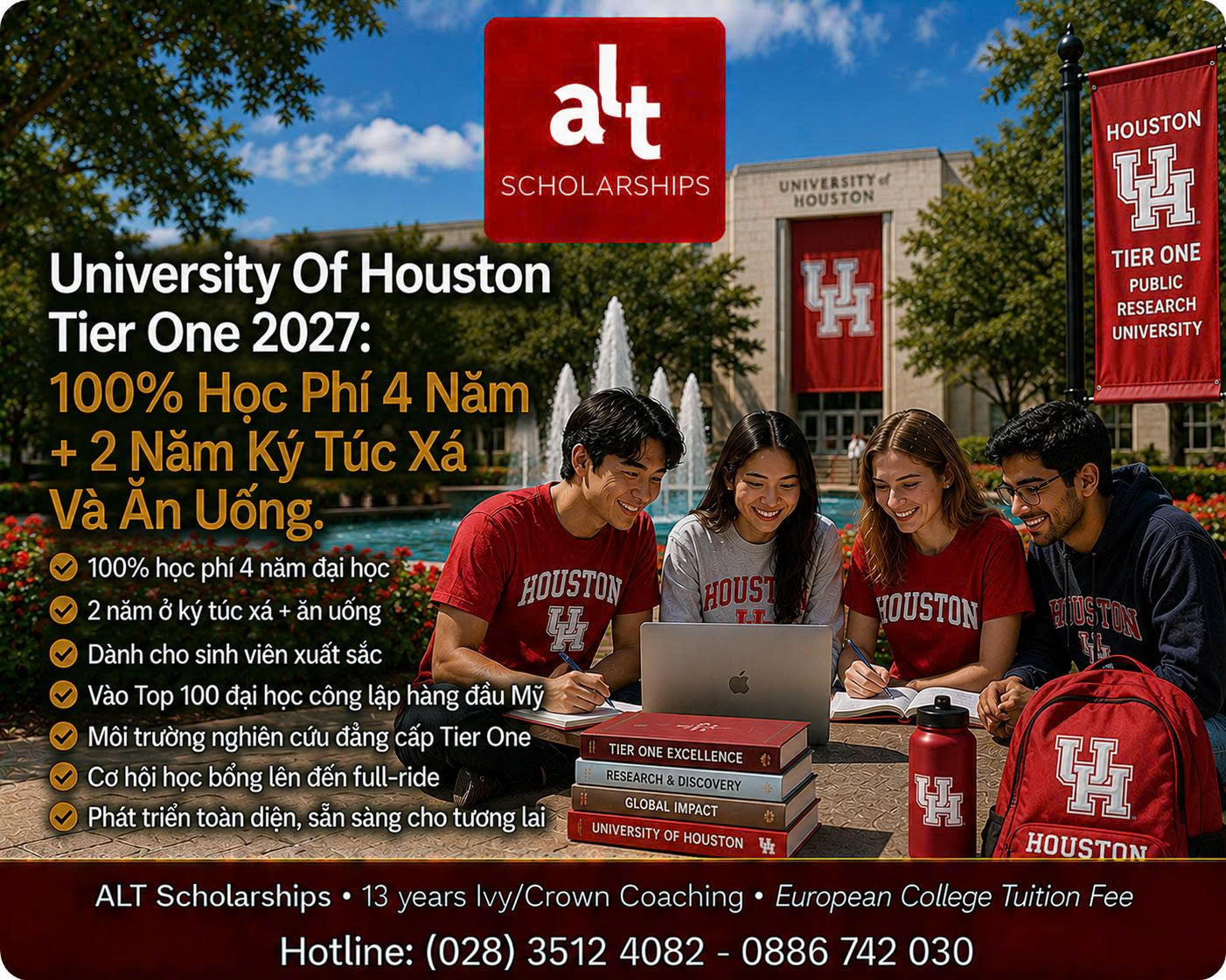 University Of Houston Tier One Scholarship 2027: 100% Học Phí 4 Năm + 2 Năm Ăn Ở — Nhưng SAT 1400 Chỉ Là Điểm Bắt Đầu