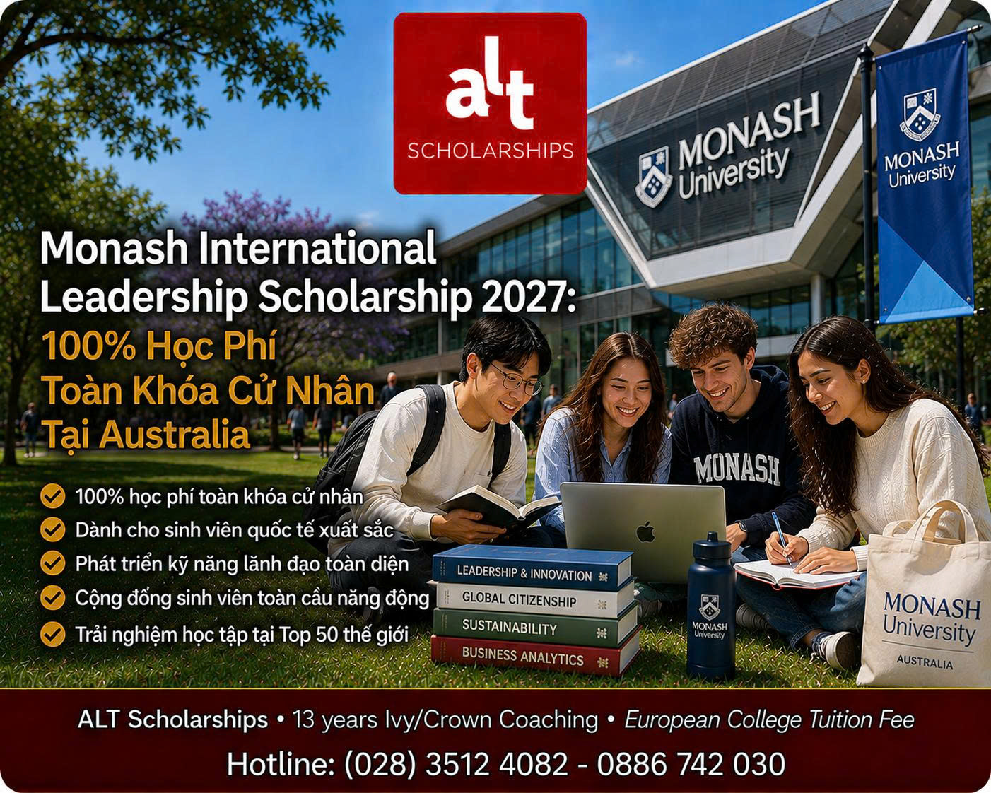 Monash International Leadership Scholarship 2027: 100% Học Phí Toàn Khóa Cử Nhân Tại Australia — Nhưng Chỉ 4 Suất Mỗi Năm