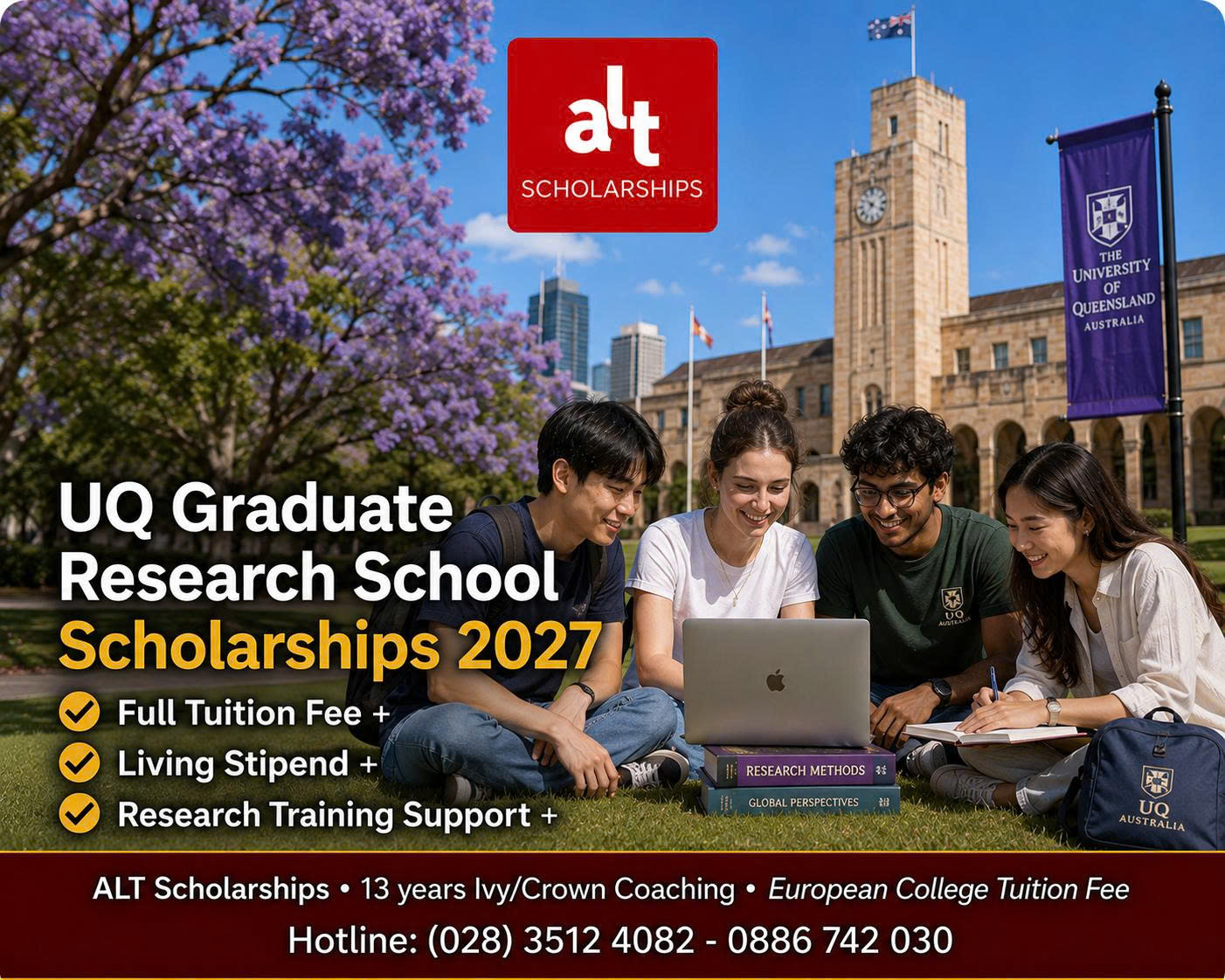 UQ Graduate Research School Scholarships 2027: Học Bổng Toàn Phần Mphil Tại University Of Queensland – Miễn Học Phí, Trợ Cấp A$37.500/Năm Và Bảo Hiểm