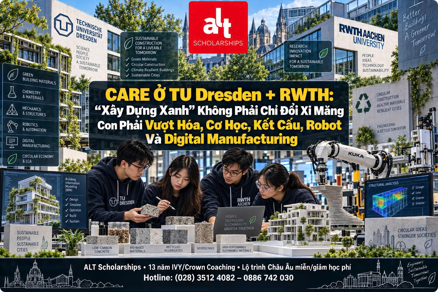 CARE Ở TU Dresden + RWTH: “Xây Dựng Xanh” Không Phải Chỉ Đổi Xi Măng — Con Phải Vượt Hóa, Cơ Học, Kết Cấu, Robot Và Digital Manufacturing