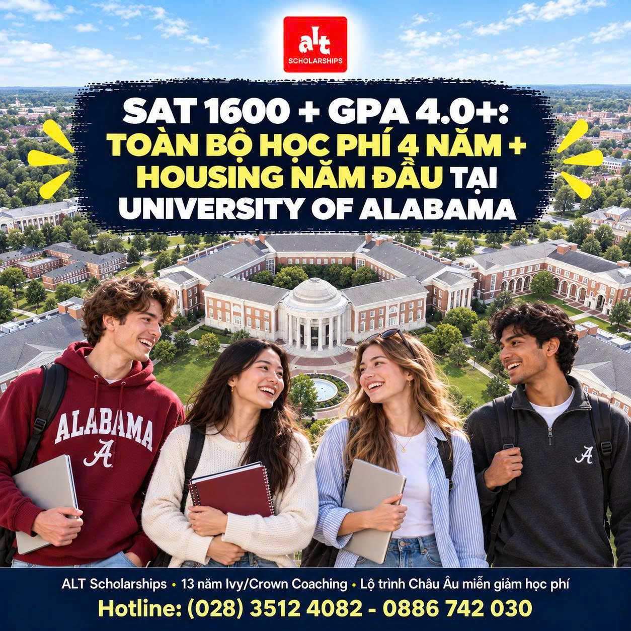University of Alabama 2027: Presidential Elite — Toàn Bộ Học Phí 4 Năm + Nhà Ở Năm Đầu + US$8.000 Trợ Cấp, Nhưng SAT Phải 1600